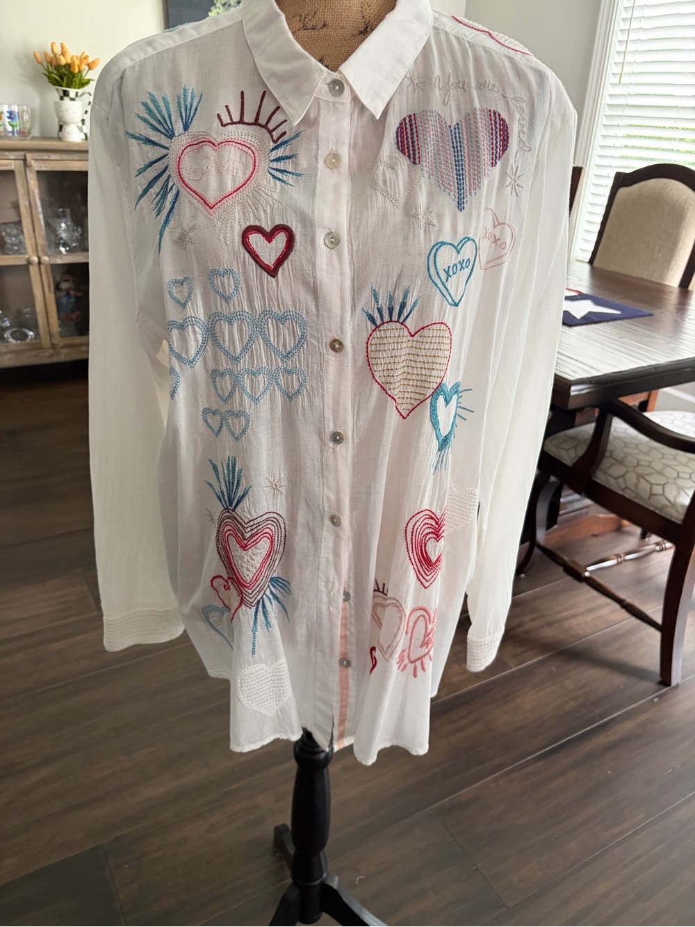 EUC Johnny Was White Button-Up Shirt with Multicolor Embroidery